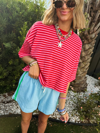 PEACH LOVE | thin stripe boxy tee - red / pink
