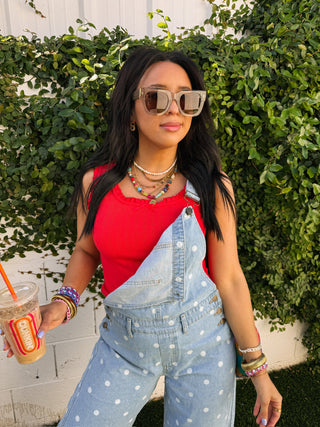 denim polka dot shorty overalls