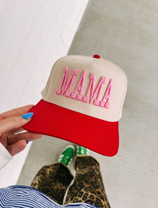 pink + red mama puff trucker hat