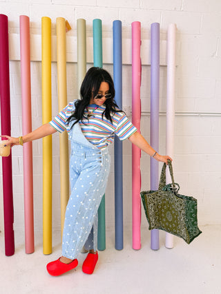 denim polka dot barrel leg overalls