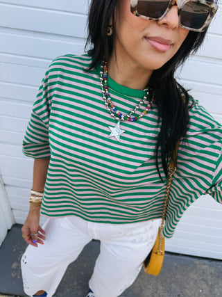 thin stripe boxy tee - green / pink