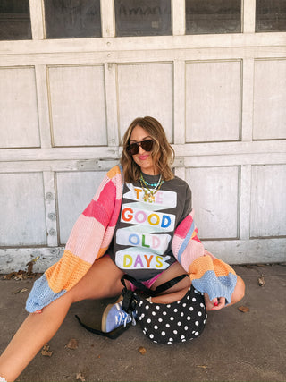 trendy graphic tshirt
good old days tee
teacher graphic tee
trendy colorful graphic tee
feel good graphic tee
colorful graphic tee