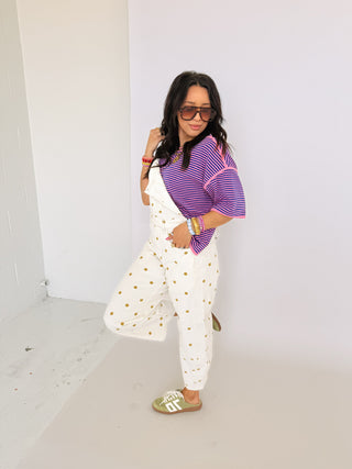 orange blossom polka dot overalls