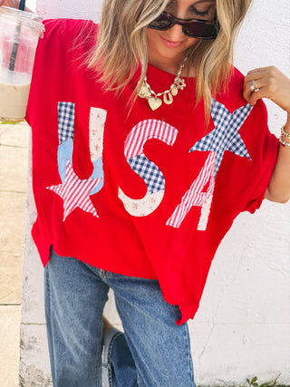 USA star patch top - red