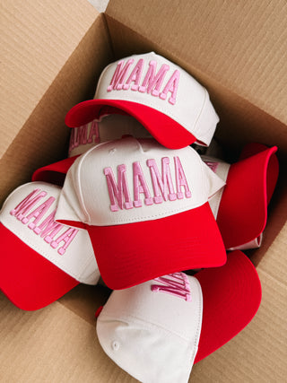 pink + red mama puff trucker hat