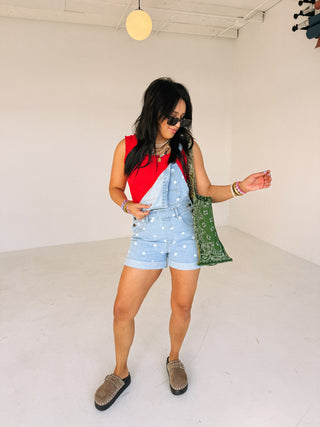 denim polka dot shorty overalls