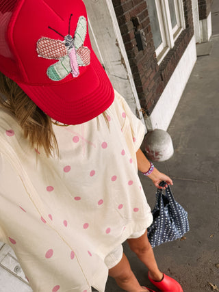 powder blush polka dot top
