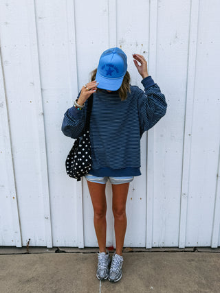 adore you blue stripe mock neck