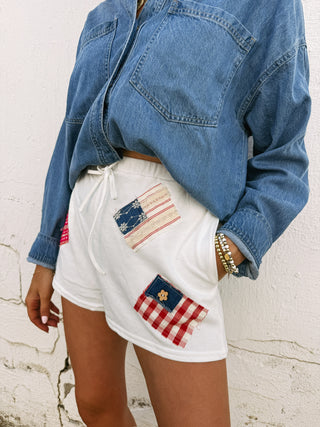 patriot patchwork shorts