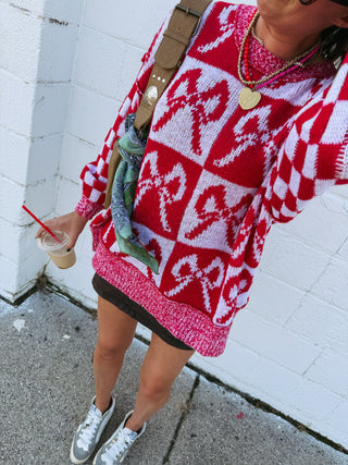 oversized checkered bow sweater