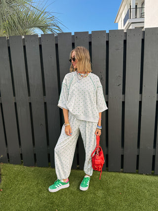 PEACH LOVE | lost in comfort polka dot pants - green
