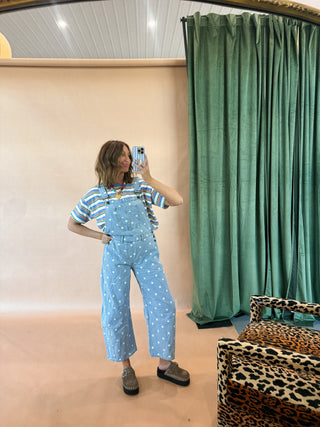 denim polka dot barrel leg overalls