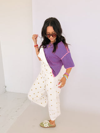 orange blossom polka dot overalls