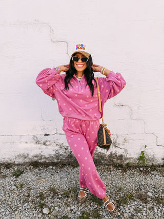 tangy plum polka dot pullover