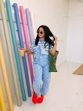 denim polka dot barrel leg overalls