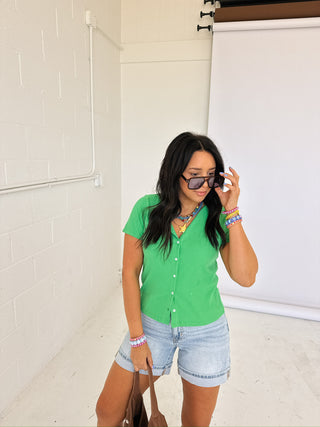 time after time button top - green