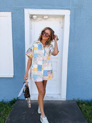 oversized floral patchwork button up