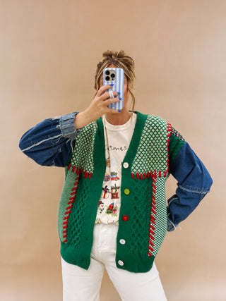 denim sleeve christmas cardigan - green