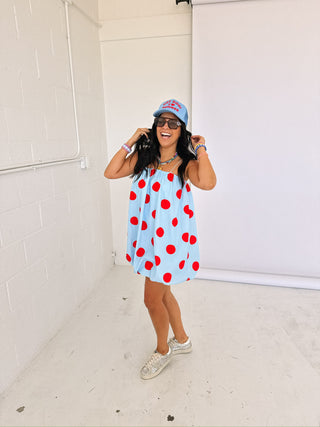 polka dot bubble dress - blue / red
