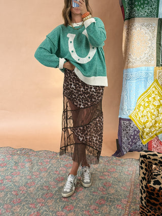 leopard lace midi skirt