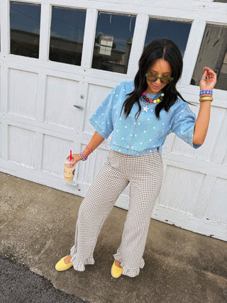 dolly denim polka dot top
