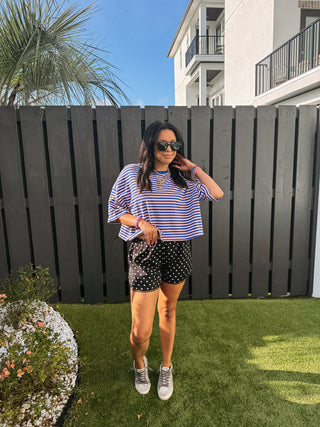 PEACH LOVE | thin stripe boxy tee - blue / pink