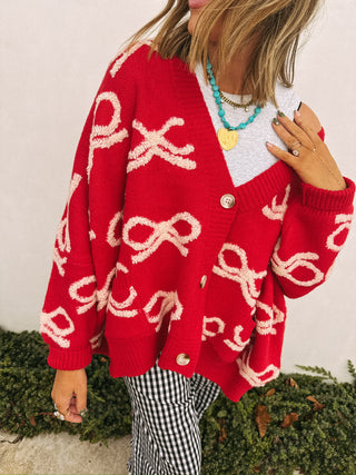 oversized bow cardigan - red