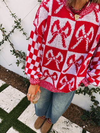oversized checkered bow sweater