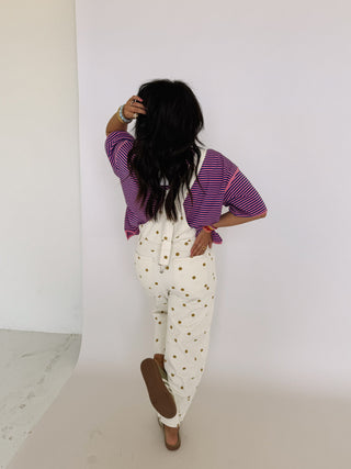 orange blossom polka dot overalls
