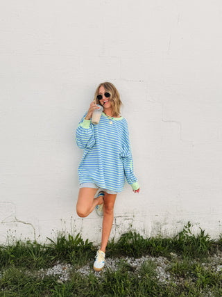 dusty blue oversized stripe top