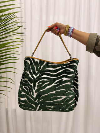 olivia tote - green chenille zebra