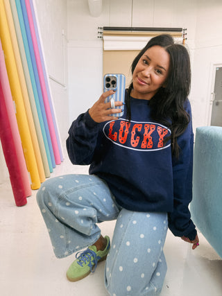 ETTA OG | star studded lucky sweatshirt - navy / red.