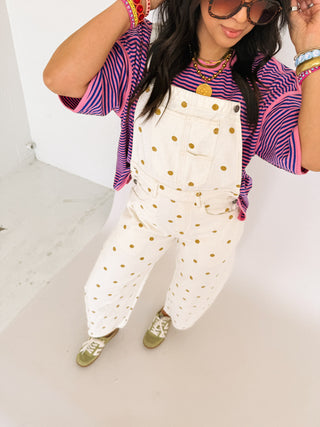 orange blossom polka dot overalls