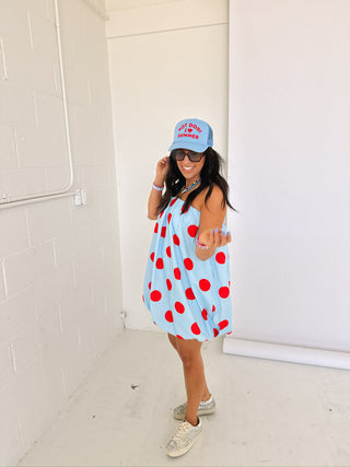polka dot bubble dress - blue / red