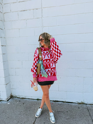 oversized checkered bow sweater