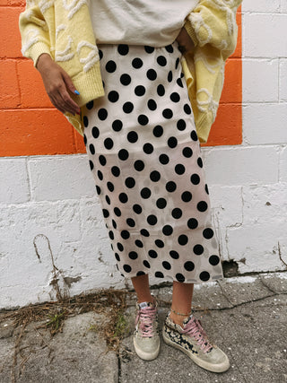 velvet polka dot midi skirt