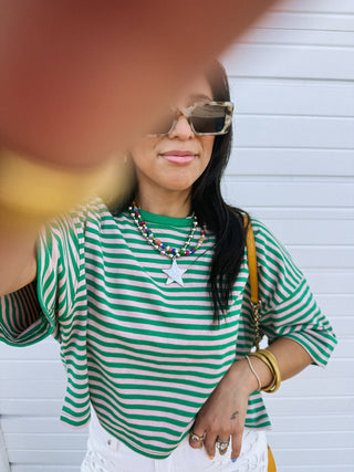 thin stripe boxy tee - green / pink