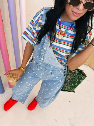 denim polka dot barrel leg overalls