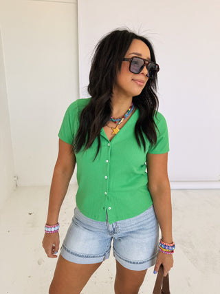 time after time button top - green