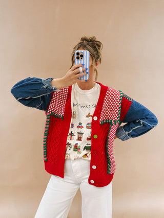 denim sleeve christmas cardigan - red