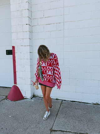 oversized checkered bow sweater
