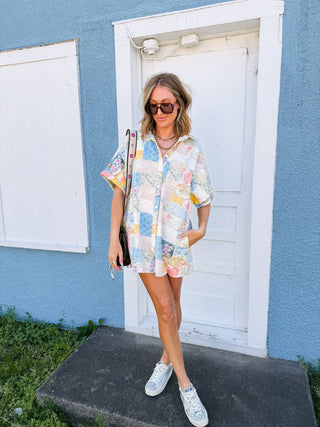 oversized floral patchwork button up