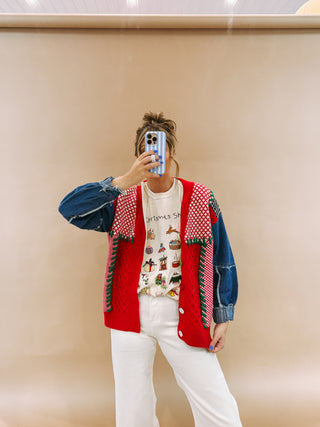 denim sleeve christmas cardigan - red
