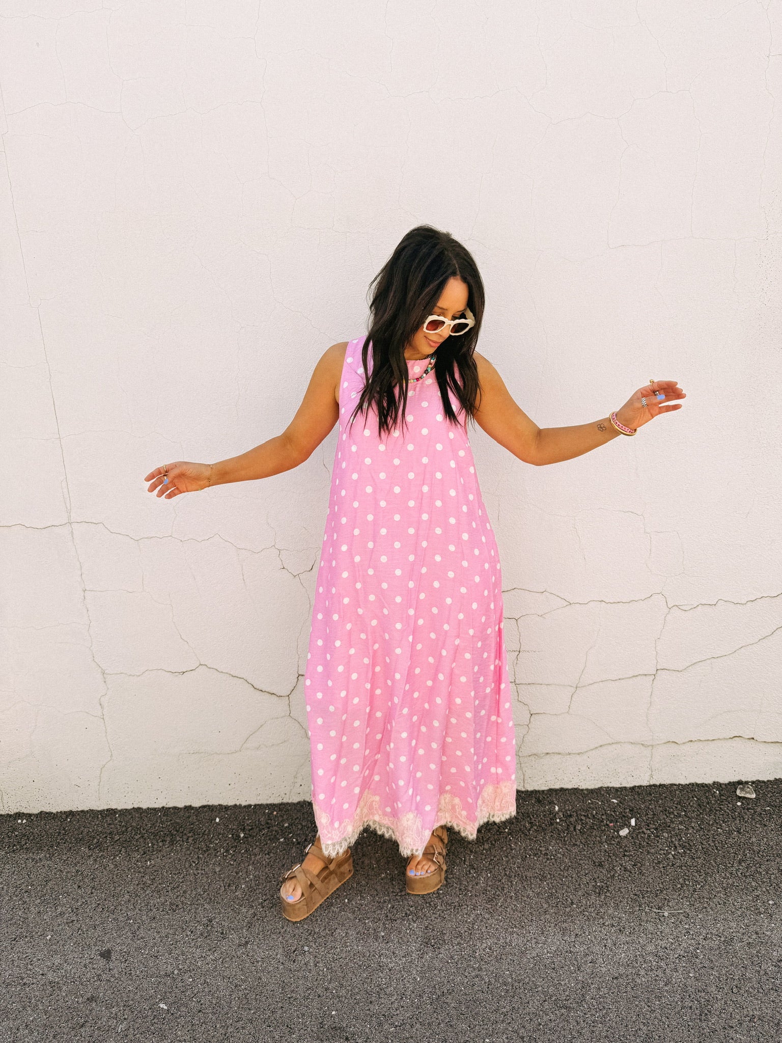 pink and white polka dot maxi dress Chasity Halterneck Maxi Dress