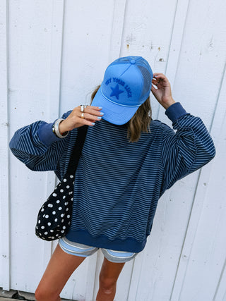 adore you blue stripe mock neck