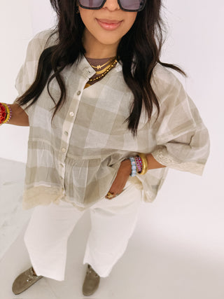 natural plaid button top