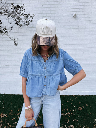 denim ruffle top