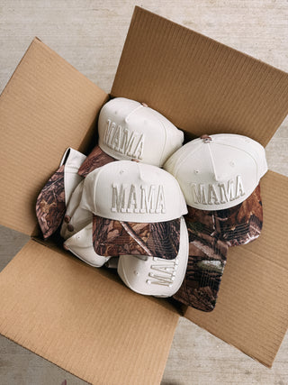 tan + camo mama puff trucker hat