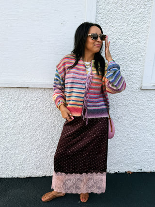 burning love polka dot midi skirt