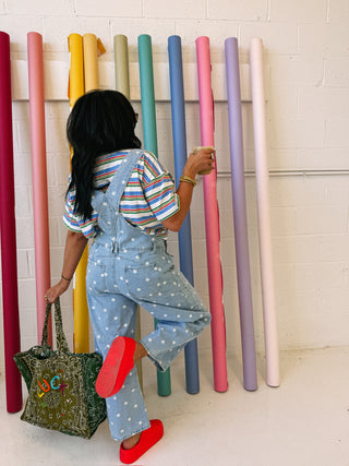 denim polka dot barrel leg overalls